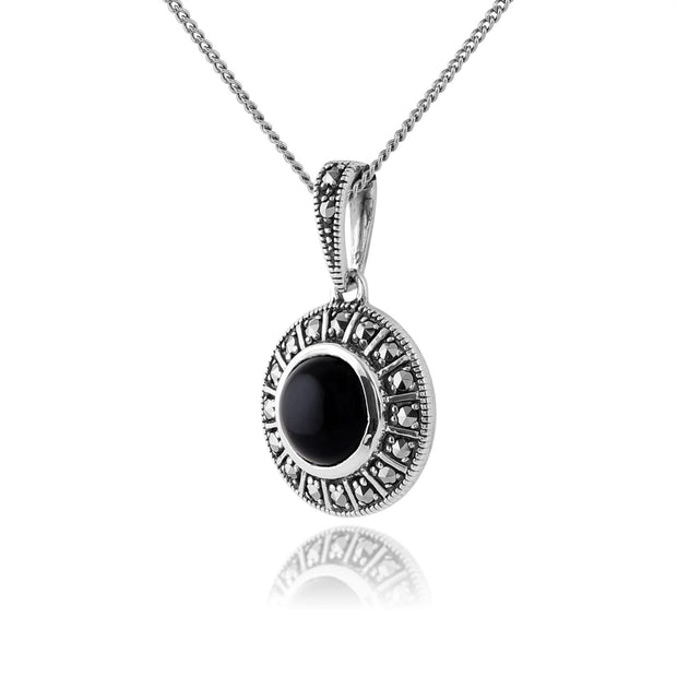 Ciondolo in stile Art Déco in argento 925 tondo con onice nero e marcasite