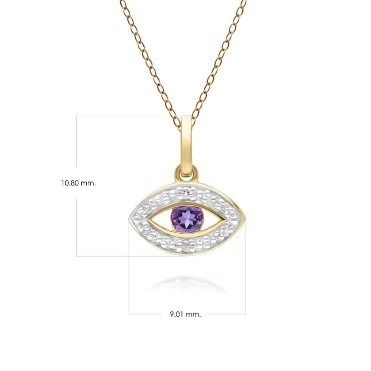 ECFEW™ Evil Eye Delicato pendente rotondo con ametista e diamanti in oro giallo da 9 ct