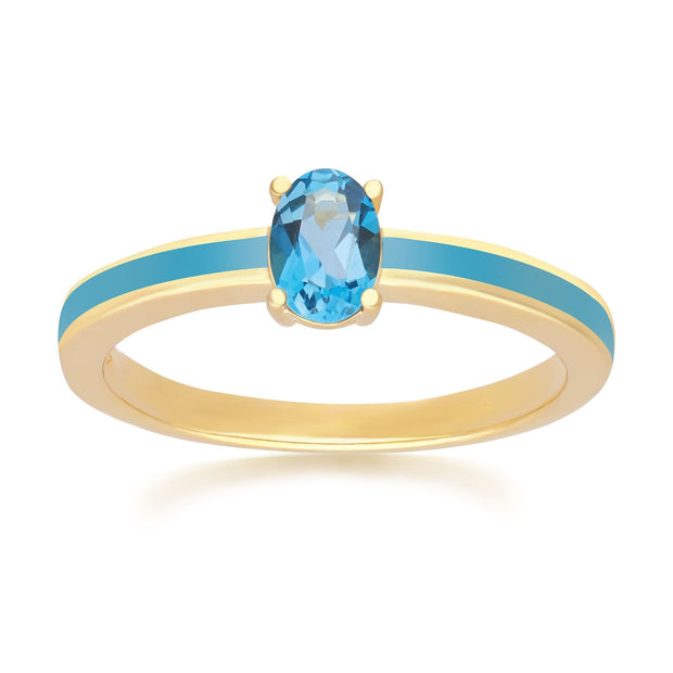 Anello con smalto blu valzer siberiano e topazio blu London in argento placcato oro fino