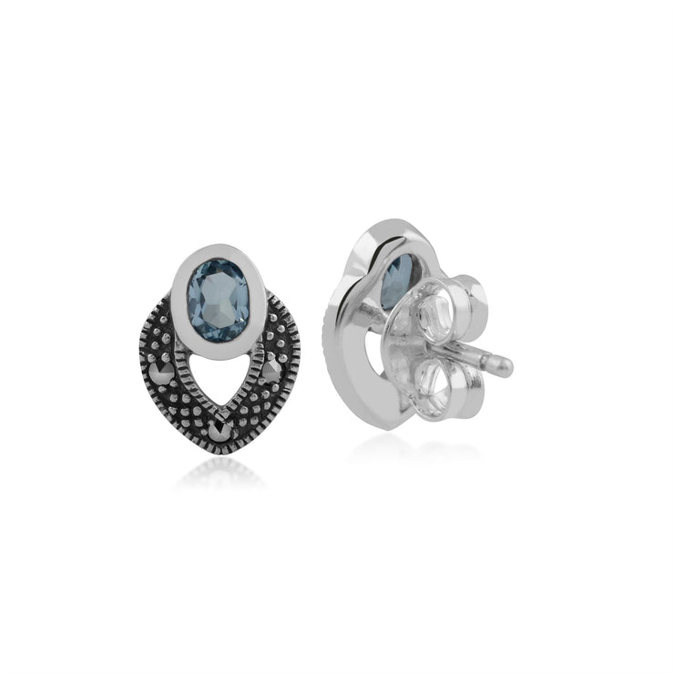 Orecchini in stile Art Déco in argento 925 con topazio azzurro ovale e marcasite