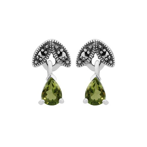 Orecchini pendenti in argento 925 in stile Art Nouveau, pera, peridoto e marcasite