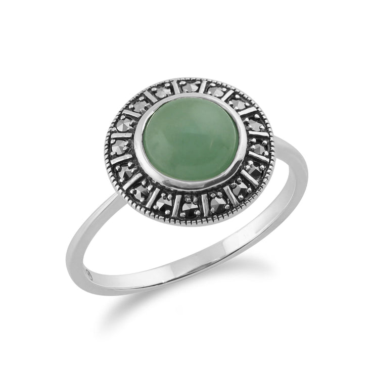 Anello in stile Art Déco in argento sterling con giada verde colorata e marcasite