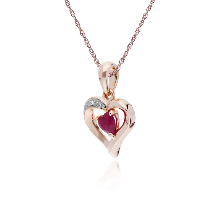 Ciondolo RUBINO, PENDENTE A CUORE RUBINO NATURALE E DIAMANTI in oro rosa 9 CT su catena