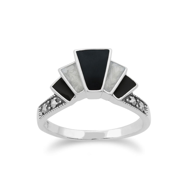 Anello Art Déco Gemondo, anello Art Déco in argento sterling 925 con smalto bianco e nero e marcasite