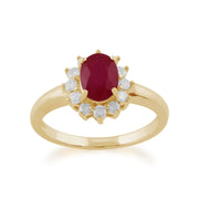 Ciondolo e anello ovali classici in oro giallo 375 con rubini e diamanti a grappolo