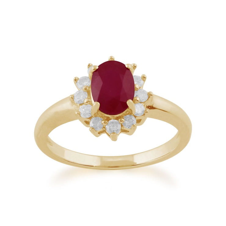 Ciondolo e anello ovali classici in oro giallo 375 con rubini e diamanti a grappolo