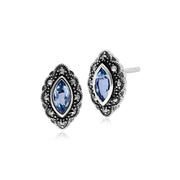 Orecchini in stile Art Nouveau in argento 925 con topazio azzurro marquise e marcasite