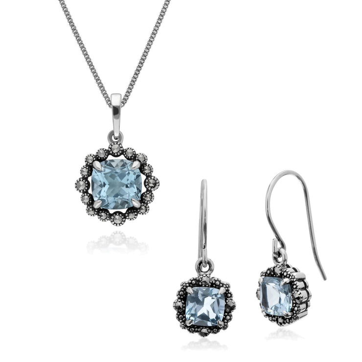 Orecchini pendenti e pendenti in stile Art Déco in argento 925 con topazio azzurro cuscino e marcasite