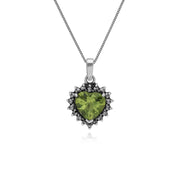 Ciondolo e orecchini a forma di cuore in stile Art Déco. Argento 925 con peridoto e marcasite