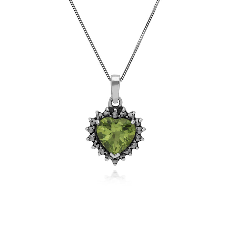 Ciondolo e orecchini a forma di cuore in stile Art Déco. Argento 925 con peridoto e marcasite