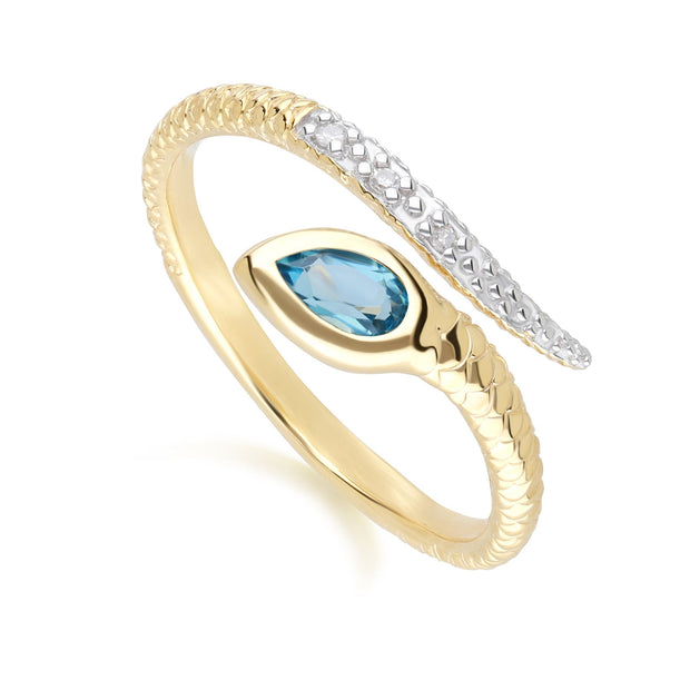 Anello ECFEW™ London con topazio blu e diamante serpente in oro giallo 9k