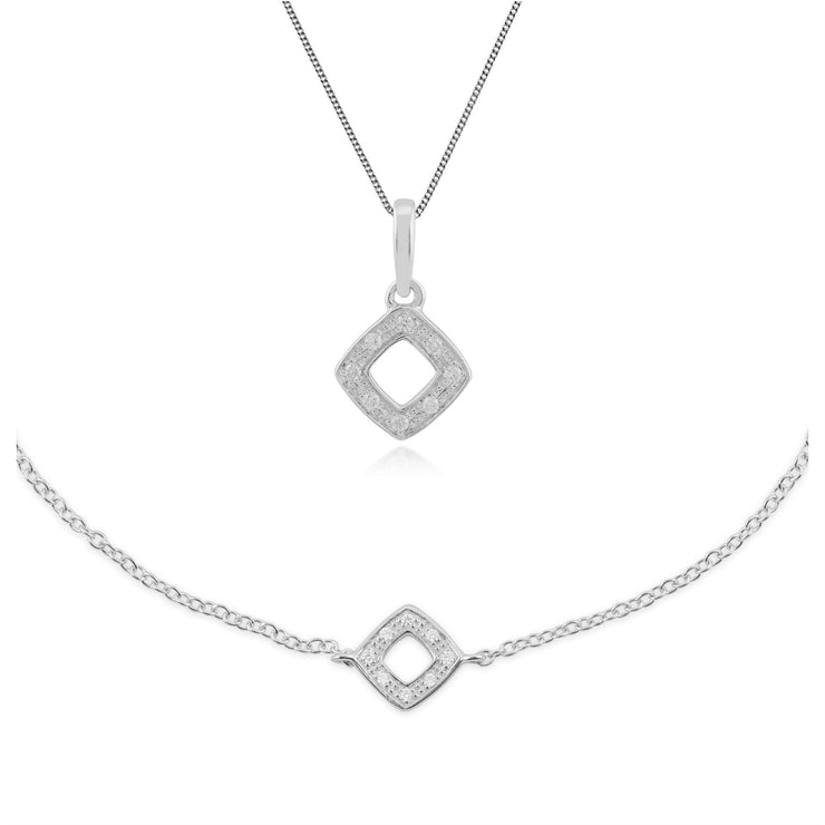 Ciondolo classico in oro bianco 375 e bracciale con diamanti quadrati traforati
