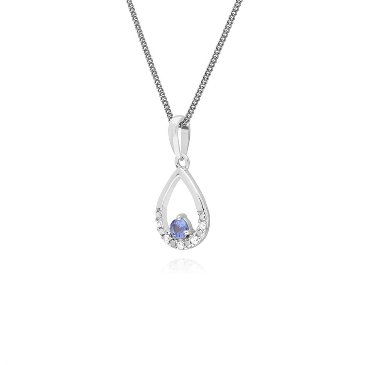 Ciondolo unico con tanzanite e diamanti a forma di pera, in oro bianco da 9 ct, su catena da 45 cm