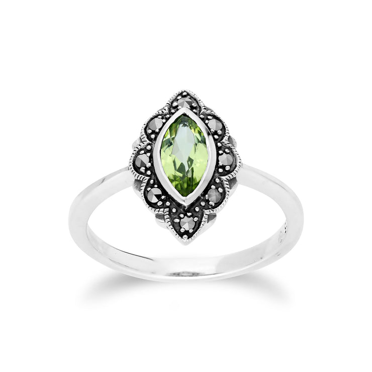 Anello Gemondo con peridoto, anello in argento con peridoto e marcasite Art Nouveau - Peridoto