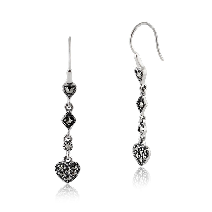 Orecchini pendenti a cuore in stile Art Déco in argento 925 con pavé di marcasite