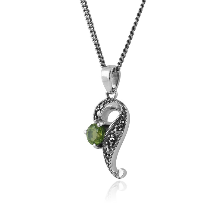 Collana e orecchini a bottone intrecciato in stile Art Nouveau Argento 925 con peridoto rotondo e marcasite