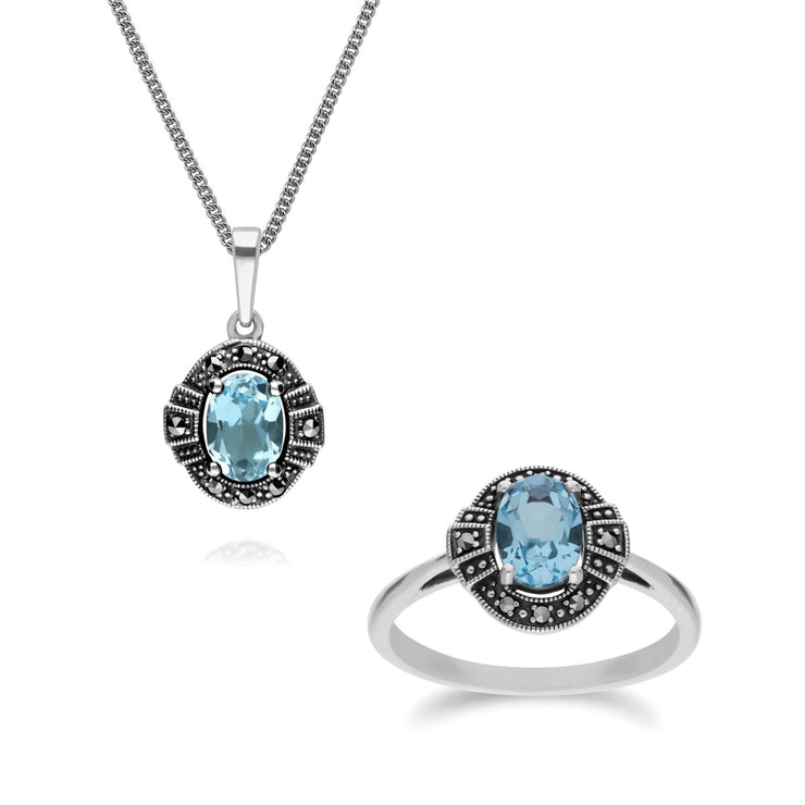 Ciondolo e anello in stile Art Déco in argento 925 con topazio azzurro e marcasite a grappolo ovale