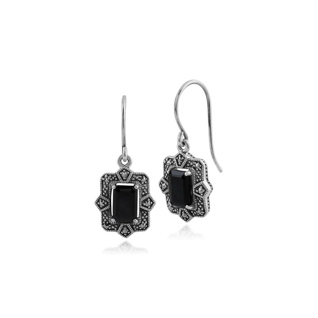 Orecchini pendenti ottagonali in stile Art Déco in argento 925 con spinello nero e marcasite