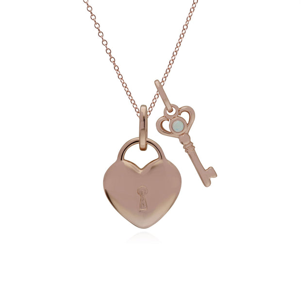 Ciondolo classico con lucchetto a cuore in argento 925 placcato oro rosa e ciondoli chiave in opale