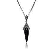 Collana e orecchini con pendente in stile Art Déco Argento 925 Cabochon di onice nero e marcasite