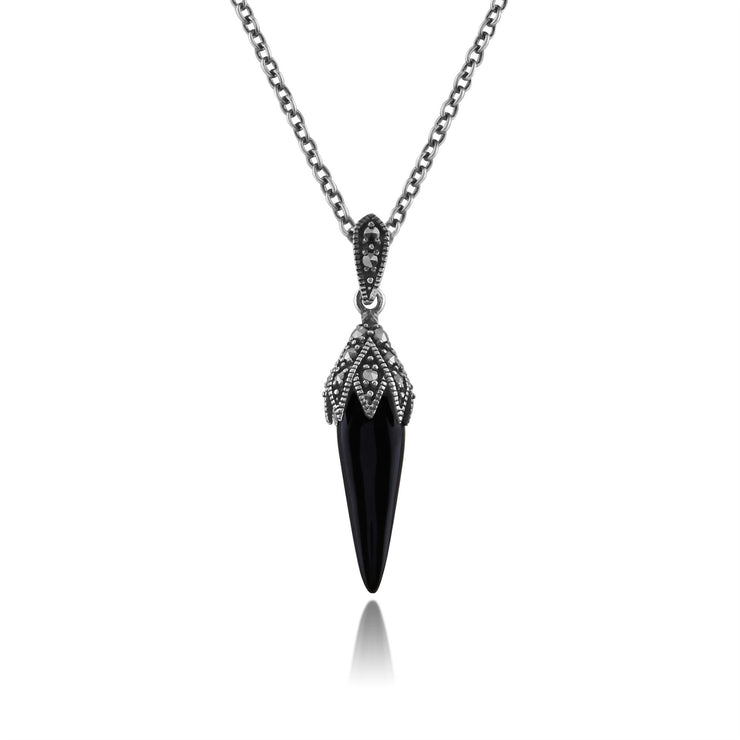 Collana e orecchini con pendente in stile Art Déco Argento 925 Cabochon di onice nero e marcasite