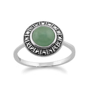 Anello in stile Art Déco in argento sterling con giada verde colorata e marcasite