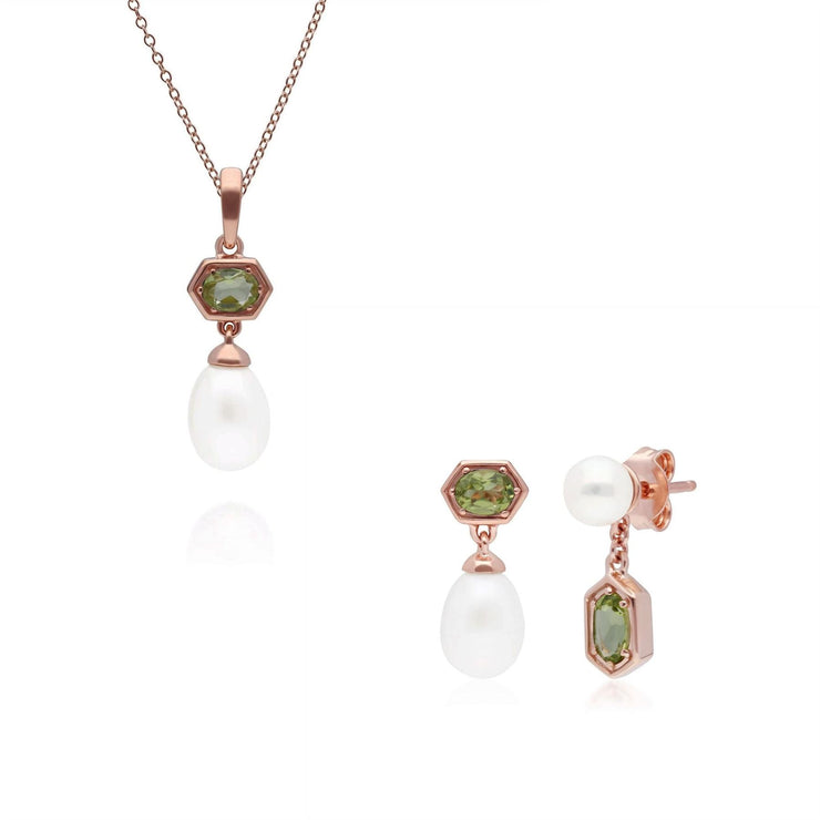 Ciondolo e orecchini con perle moderne in argento 925 dorato con peridoto rosa in oro pregiato e perla