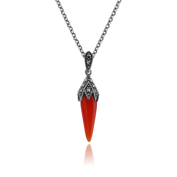 Collana e orecchini con pendente in stile Art Déco in argento 925 e cabochon rosso corniola e marcasite