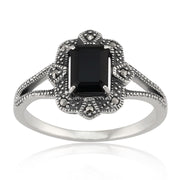 argent sterling art déco 1.20ct Noir SPINELLE & MARCASSITE bague