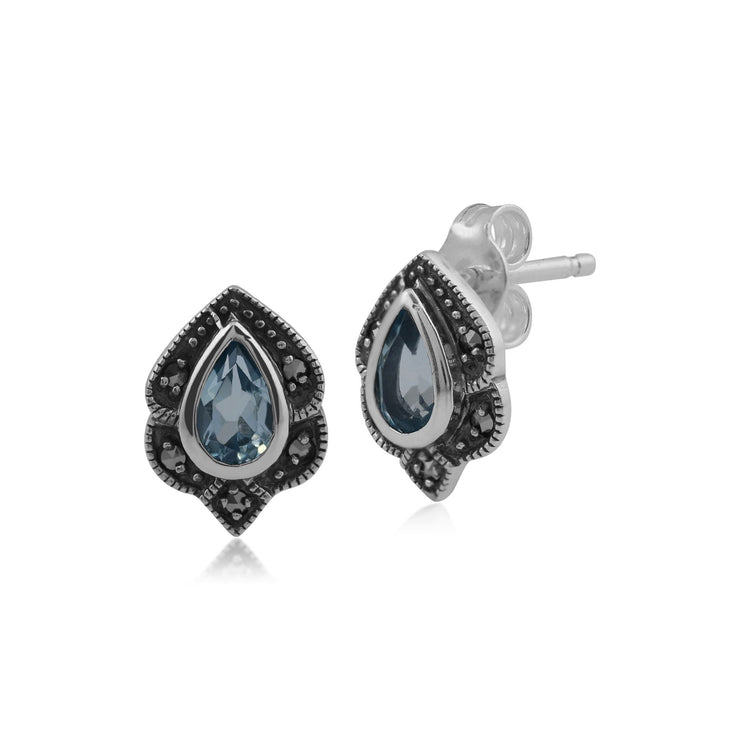 Orecchini a bottone in stile Art Nouveau con fogliame in argento 925 con topazio blu e marcasite