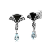 s Orecchini pendenti a ventaglio in argento sterling con topazio azzurro, onice nero e marcasite