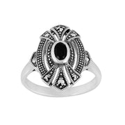 Anello da cocktail ovale Art Déco in argento sterling 925 con onice nero e marcasite