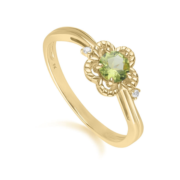 Anello floreale in oro giallo 375 con peridoto e diamante rotondo