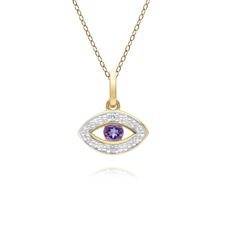 ECFEW™ Evil Eye Delicato pendente rotondo con ametista e diamanti in oro giallo da 9 ct