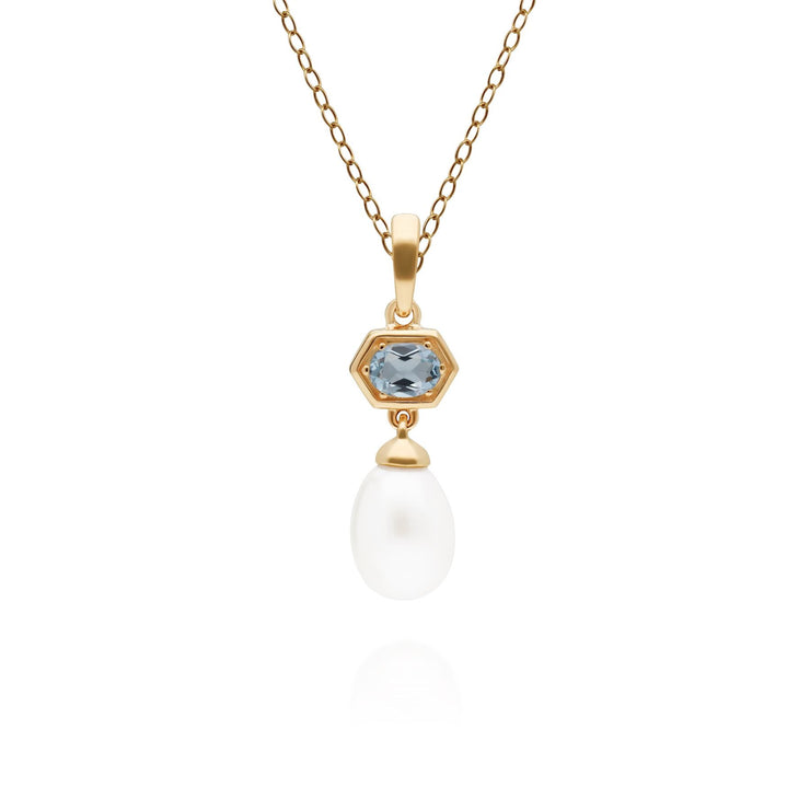 Ciondolo moderno con perla esagonale in argento 925 placcato oro, perla e topazio azzurro