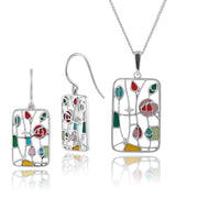 Orecchini pendenti e pendenti rettangolari stile Rennie Mackintosh in argento 925 con topazio rotondo e smalto