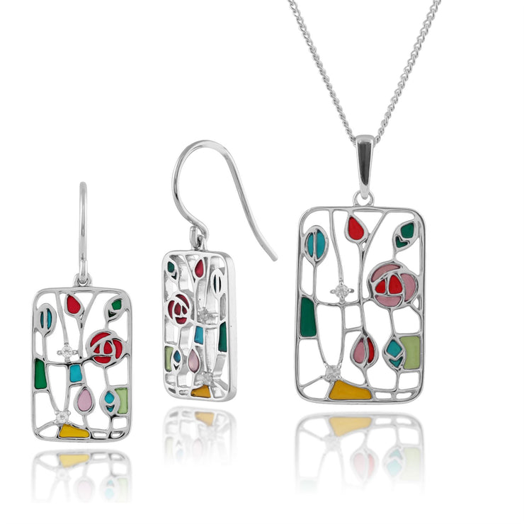 Orecchini pendenti e pendenti rettangolari stile Rennie Mackintosh in argento 925 con topazio rotondo e smalto