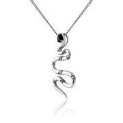 Collana e orecchini con ciondolo serpente in stile Art Nouveau in argento 925 e pera di spinello nero e marcasite