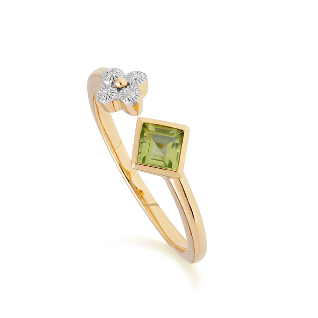 Anello aperto contemporaneo in oro giallo 375 con peridoto e diamante