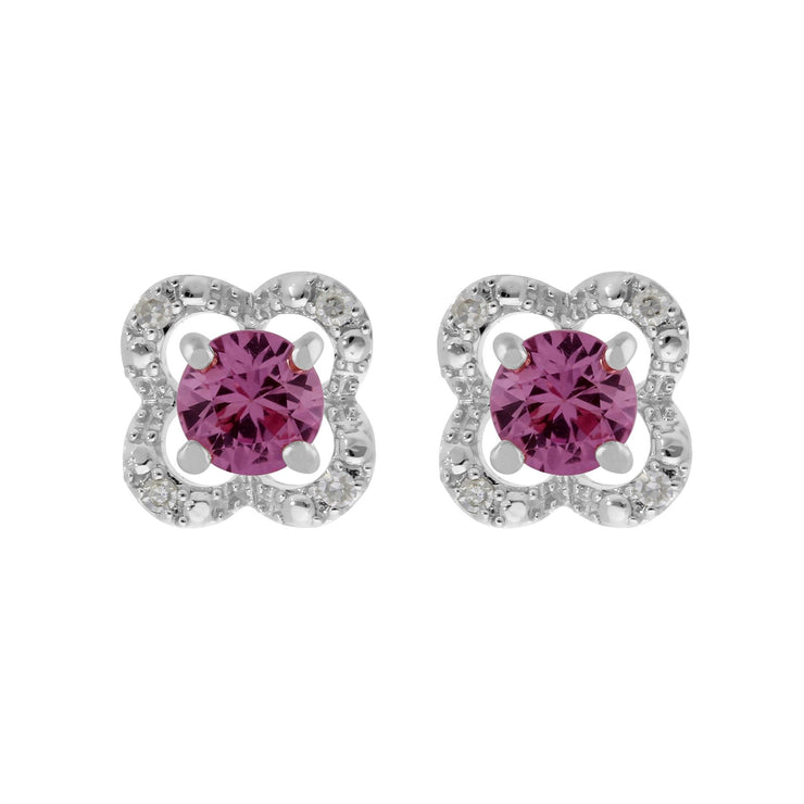 Orecchini a bottone classici con zaffiri rosa in oro bianco 375 e rivestimento per orecchie con fiori di diamanti