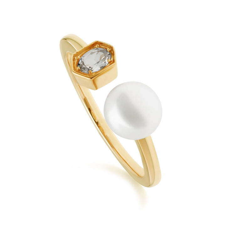 Anello aperto con perla moderna Argento 925 placcato oro Perla e topazio bianco