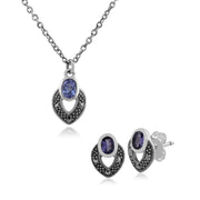 Collana e orecchini a bottone in stile Art Déco in argento 925 con tanzanite ovale e marcasite