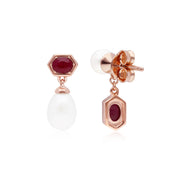 Orecchini di perle moderne asimmetriche Argento 925 placcato oro rosa Perla e rubino