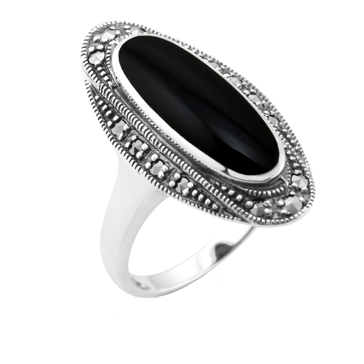 Anello in stile Art Deco Argento 925 con cabochon di onice nero e marcasite