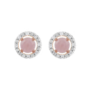 Orecchini a bottone classici in quarzo rosa in oro rosa 375 e rivestimento per l'orecchio con diamanti rotondi