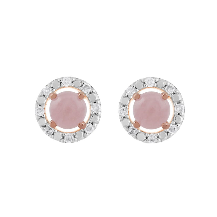 Orecchini a bottone classici in quarzo rosa in oro rosa 375 e rivestimento per l'orecchio con diamanti rotondi