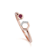 Anello aperto esagonale contemporaneo in oro rosa 375, rubino e diamante