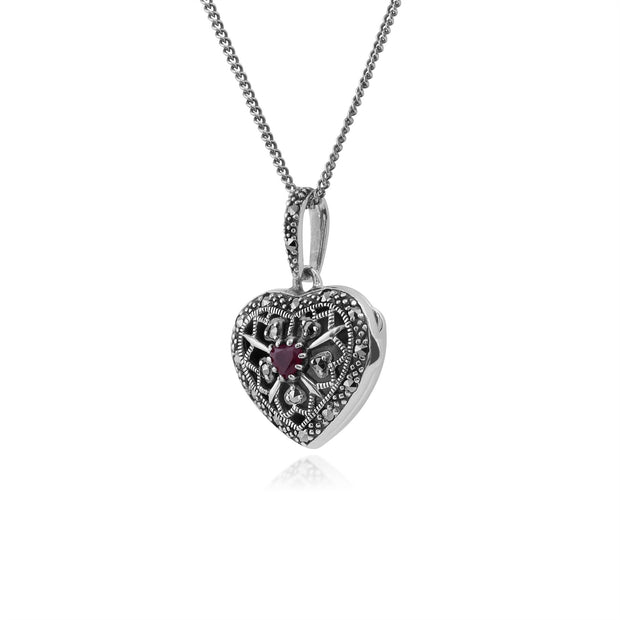 Collana a forma di cuore portafoto in stile Art Nouveau in argento 925 con rubini rotondi e marcasite