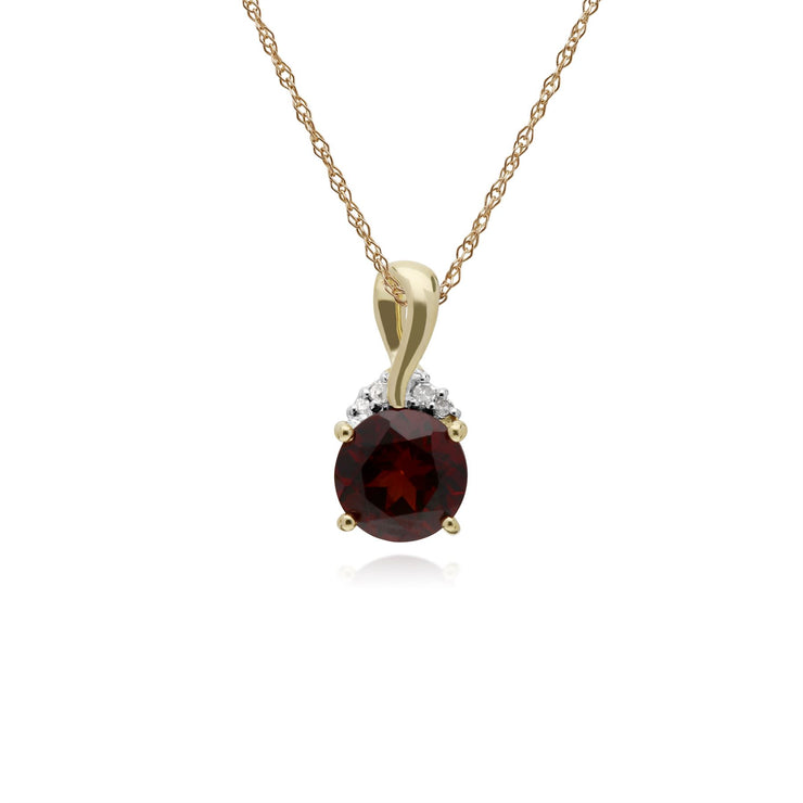 Collanaciondolo con granato rotondo in oro giallo da 9 ct e bacio con diamanti su catena da 45 cm