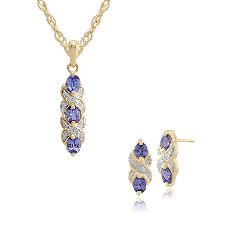 Ciondolo e orecchini classici a bottone intrecciato Tanzanite in oro giallo 375 e diamante rotondo